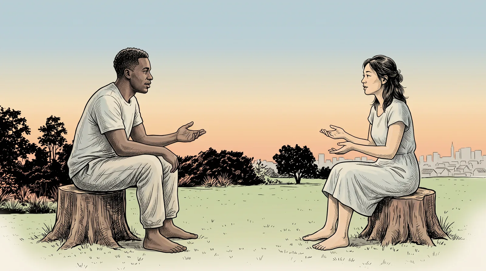 Um homem e uma mulher conversando, sentados, com o fogo no meio