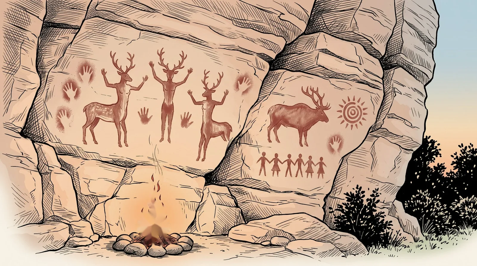 Parede de pedra com pinturas rupestres e um fogo aceso ao pé dela