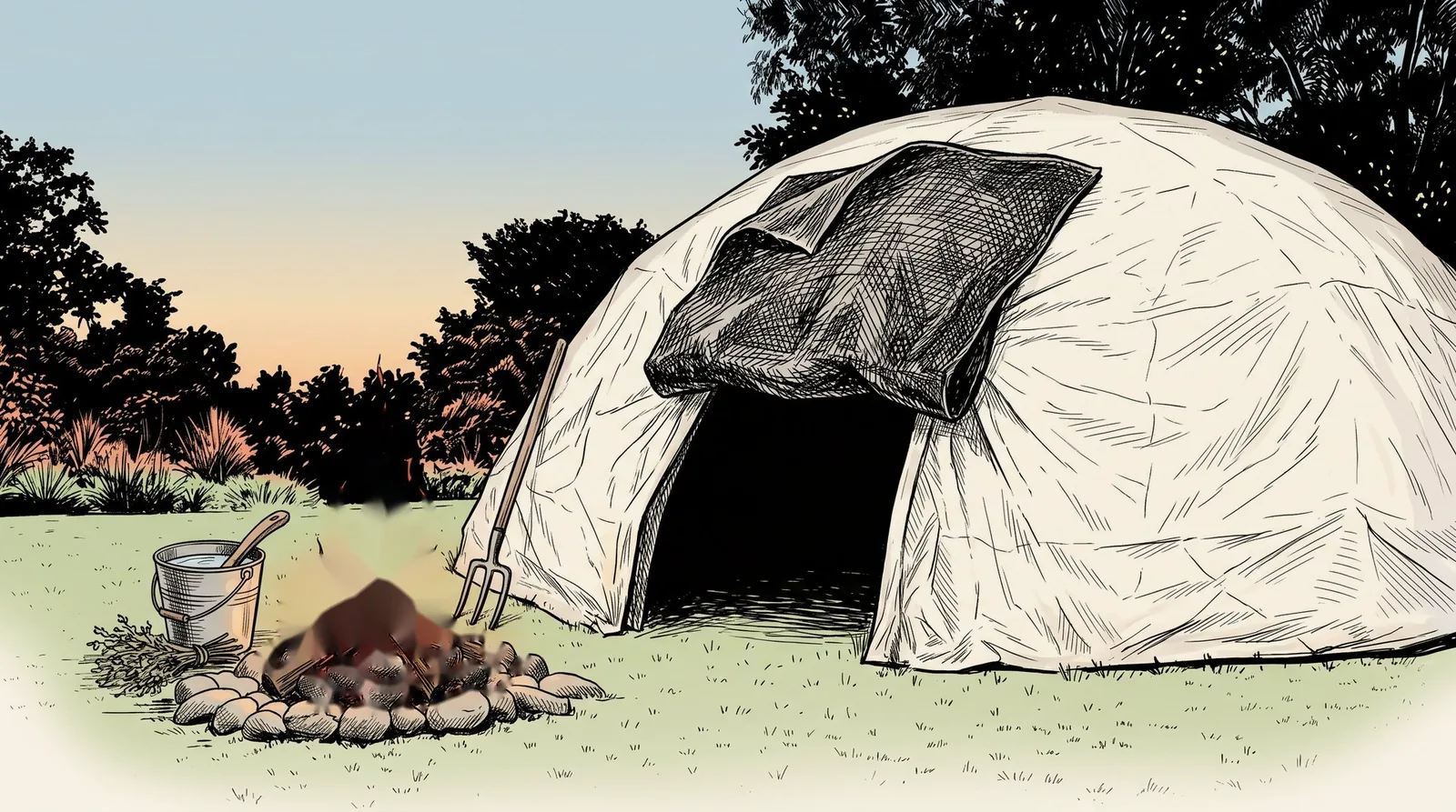A tenda de perto, com a porta erguida, o fogo ao lado, o balde d’água e as ervas